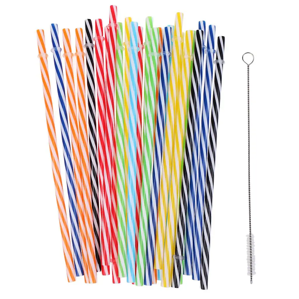 Plastic Reusable Drinking Straws Colorful Party Tableware Striped Straw Set with Brush for Event and Daily Use