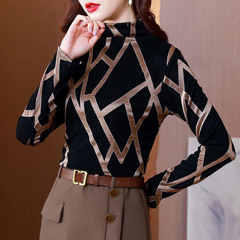 Vintage Elegant Fashion Patchwork Striped T-shirts Spring Autumn 2022 Long Sleeve Turtleneck Skinny Basic Tops Women\'s Clothing