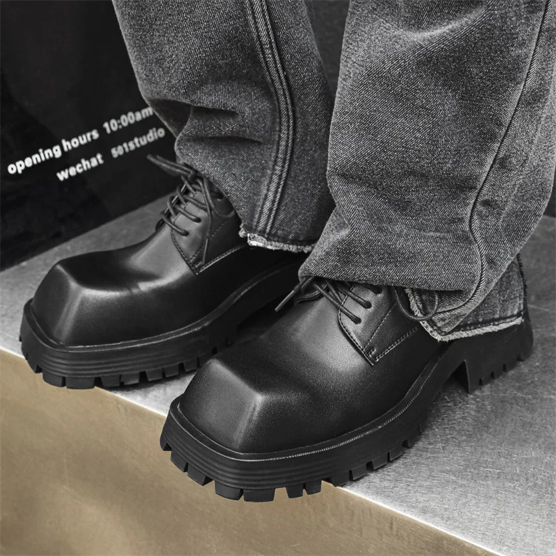 men fashion original leather shoes brand designer square toe shoe punk rock dress black trendy platform sneakers youth footwear