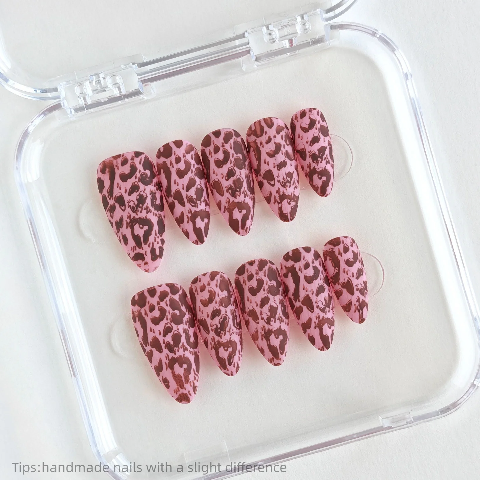 

10pcs Handmade Pink Brown Leopard Press on Nails Almond Long Wearable Reusable Korean Sweet False Nails 2026