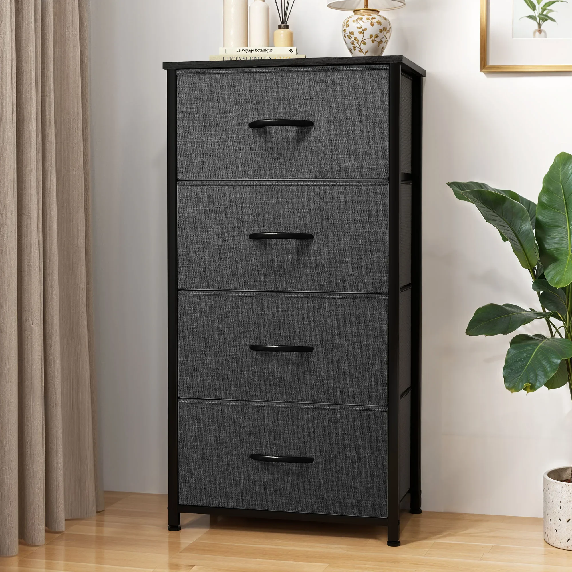 

4 Drawer Dresser Fabric Chest of Drawers Furniture Storage Organizer for Living Room,,Hallway, Black Grey