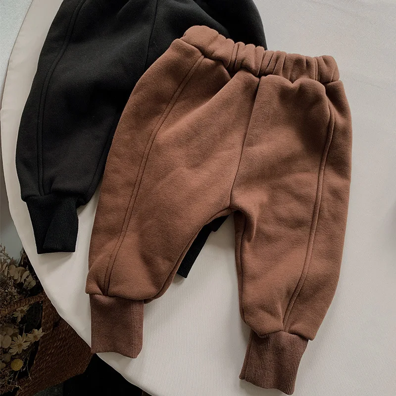 Autumn Winter Children Pants 1-8Y Boys Warm Fleece Splice Solid Daily Loose Harem Trousers Korean Toddler Wear Kids Clothing New