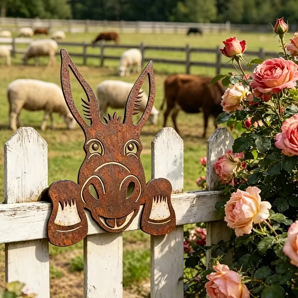 2D Flat Rusted Metal Peeking Donkey Decor, Farm Animal Garden Wall Art, Rustic Backyard Fence Ornament