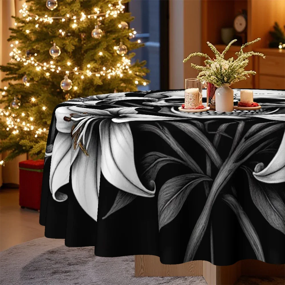 One tablecloth, featuring a Christmas skull and lily flower theme print, suitable for the kitchen of a home.