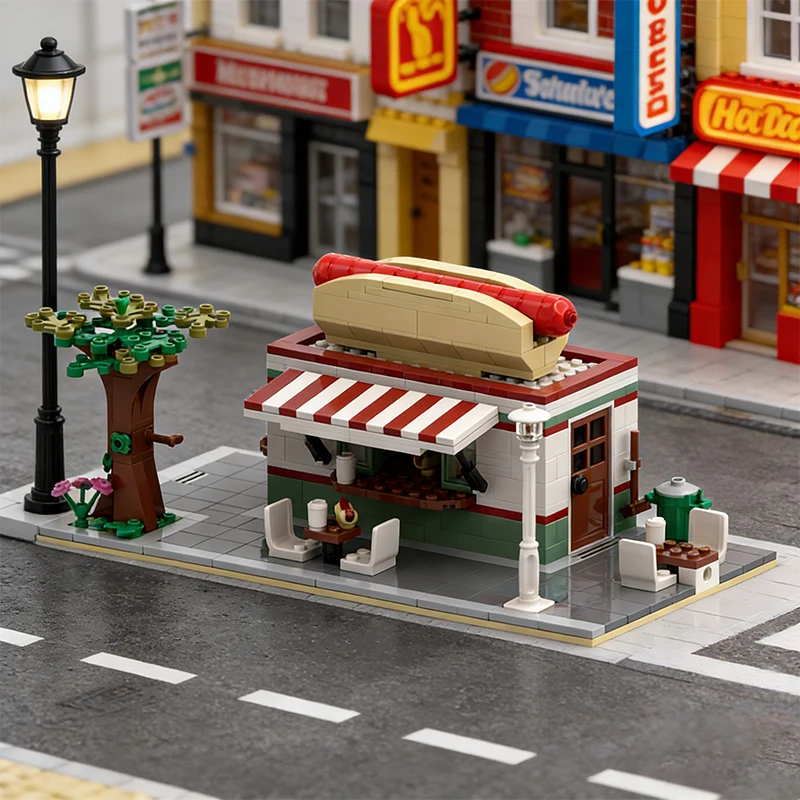 439 PCS House Street The Hotdog Corner MOC Customize Modular Building Block Model Design Simple Kids DIY Boy Assembly Toy Gift