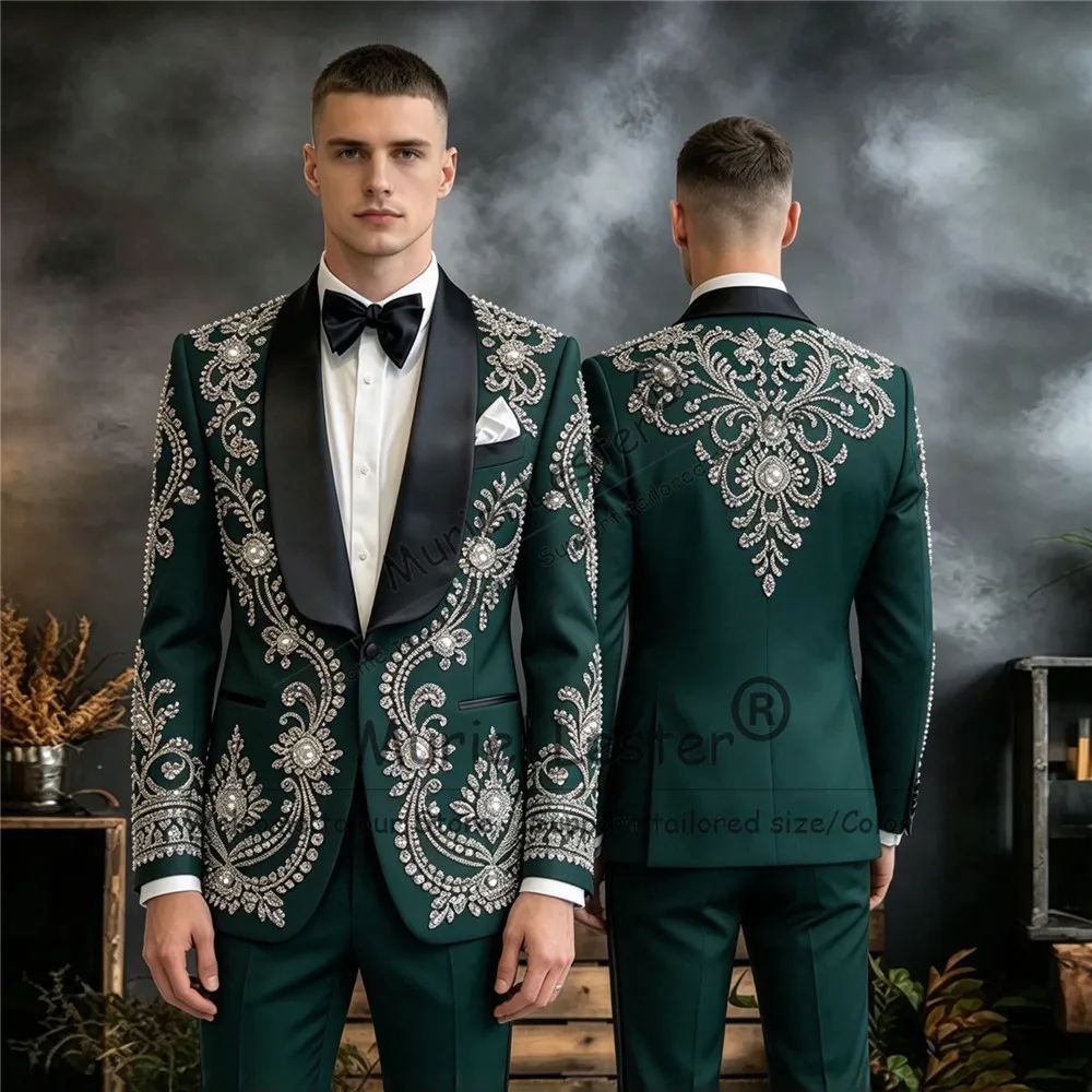 Exclusive Suits Men For Wedding Black Satin Shwal Label Prom Blazer Customized 2 Piece Sets Rhinestone Beaded Man Tuxedo Attire