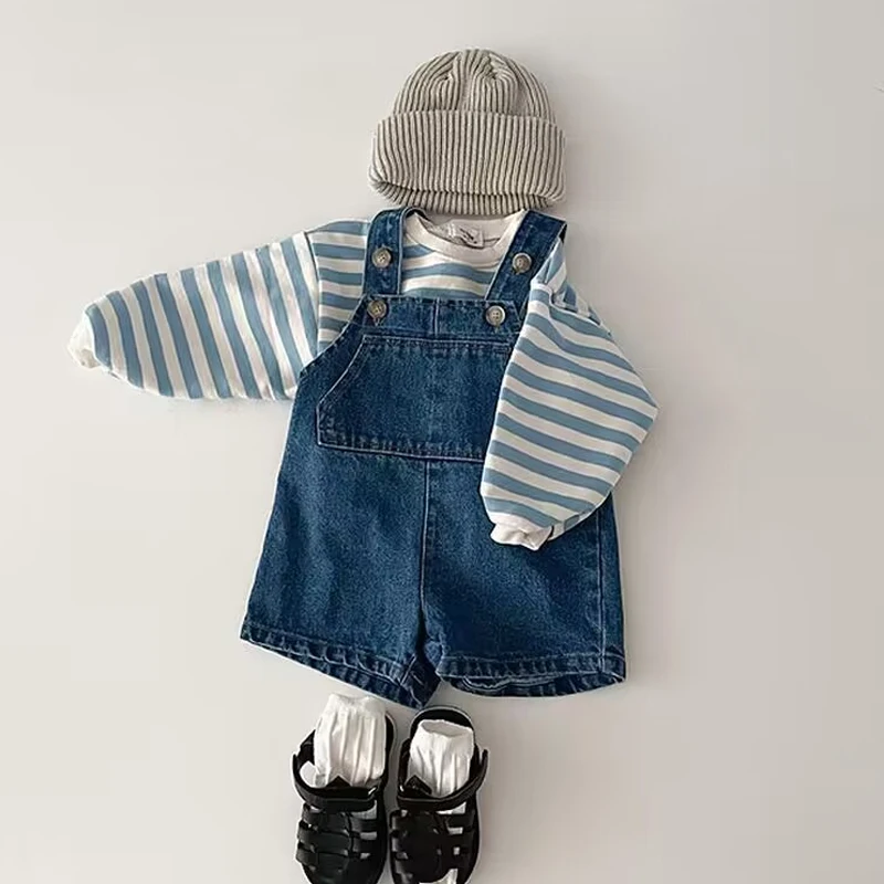 Newborn baby strap jeans 0-3 year old summer girl pocket denim suspender shorts solid color casual boy jumpsuit