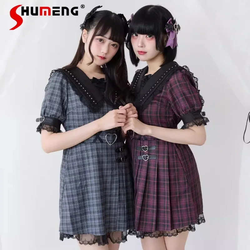 New Japanese SC Rojita Retro Plaid Dress Super Cute Lace Edge Love Decoration V-neck Thin Dresses Mine Series Vestidos De Mujer