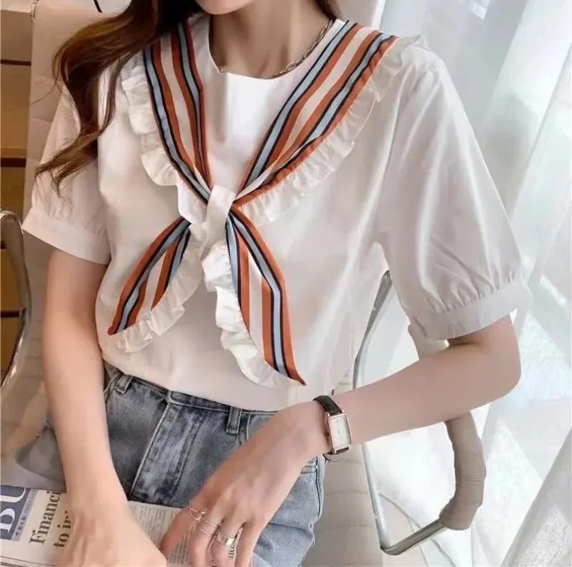 Top For Woman White Clothing Kawaii Women's Shirts And Blouses With Bow Short Sleeve Cute Frill Ruffle Offer Youthful Emo Tall