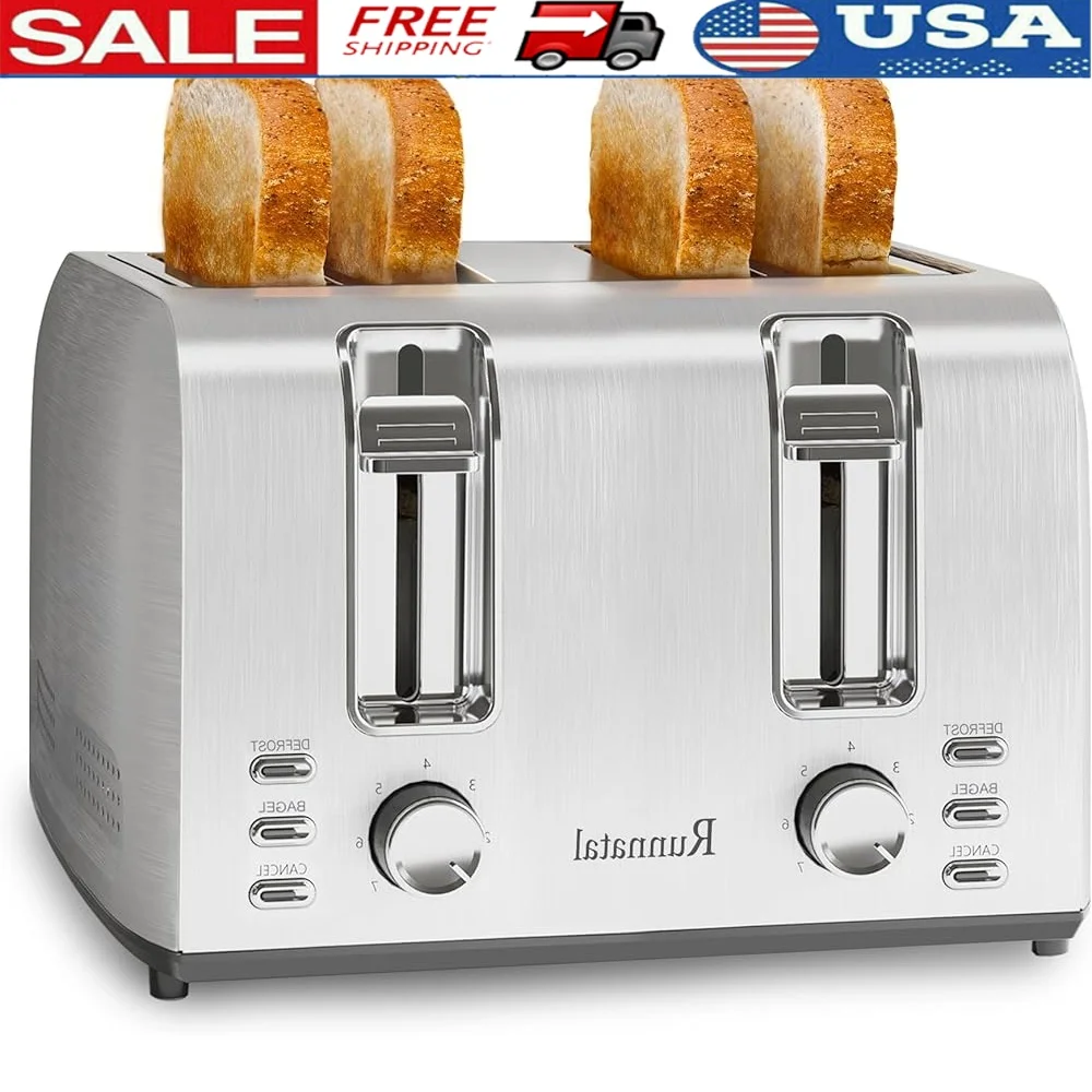 

4 Slice Stainless Steel Toaster Extra Wide Slots 7 Shade Settings Bagel Defrost Cancel Functions Easy Clean Crumb Tray