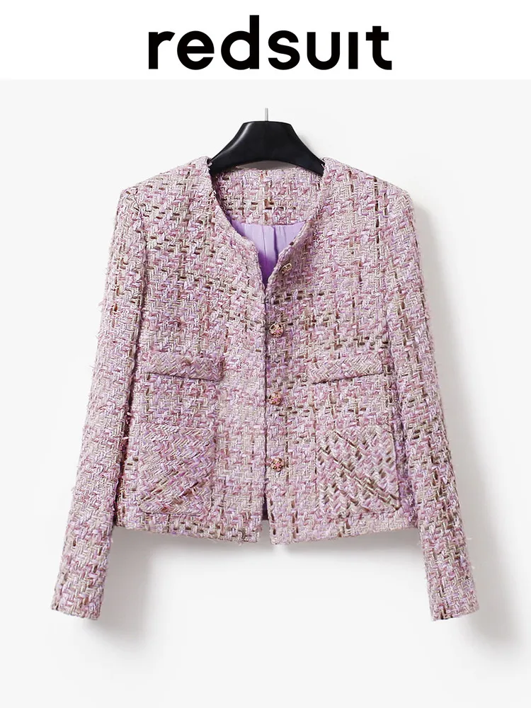 New High end handmade three-dimensional floral yarn, gold thread woven round neck coarse woolen coat, purple Custom size