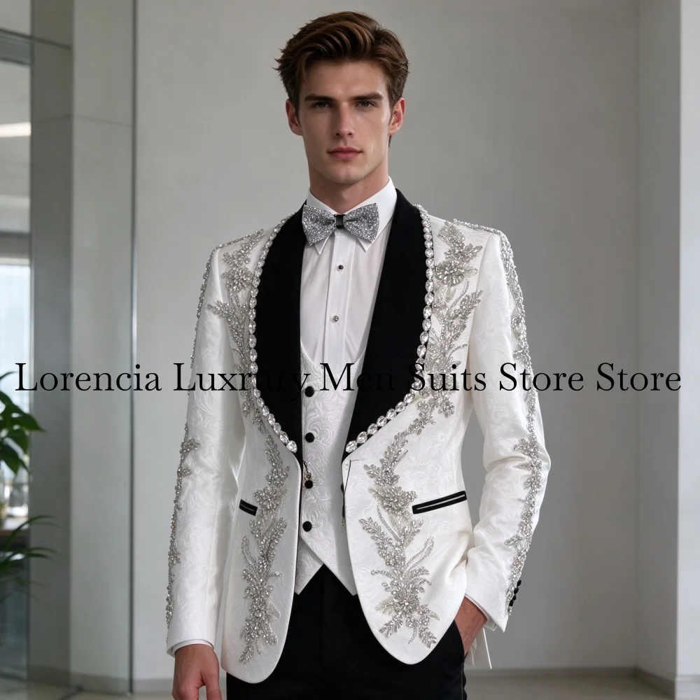 Luxury Gem Sequin Men Suit Customized Corset Jacquard For Prom Groom Male Wedding Party Glitter Blazer 3 Pieces Set Tuxedos Slim
