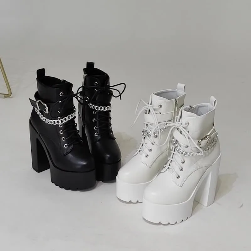 المرأة حذاء من الجلد الدانتيل يصل الجانب سستة منصة اتجاهات أسود قصير التمهيد الشتاء الجلود سلسلة القوطية الشرير الكعوب أحذية الحفلات سيدة