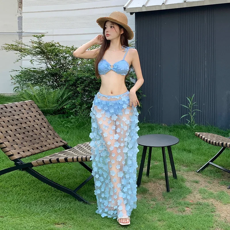 High Waist Skirt Women's Bikini Set Flower Bandeau Biquini Three Pieces Swimwear Blue Swimsuit Bathing Suit 2024 Korea Monokini