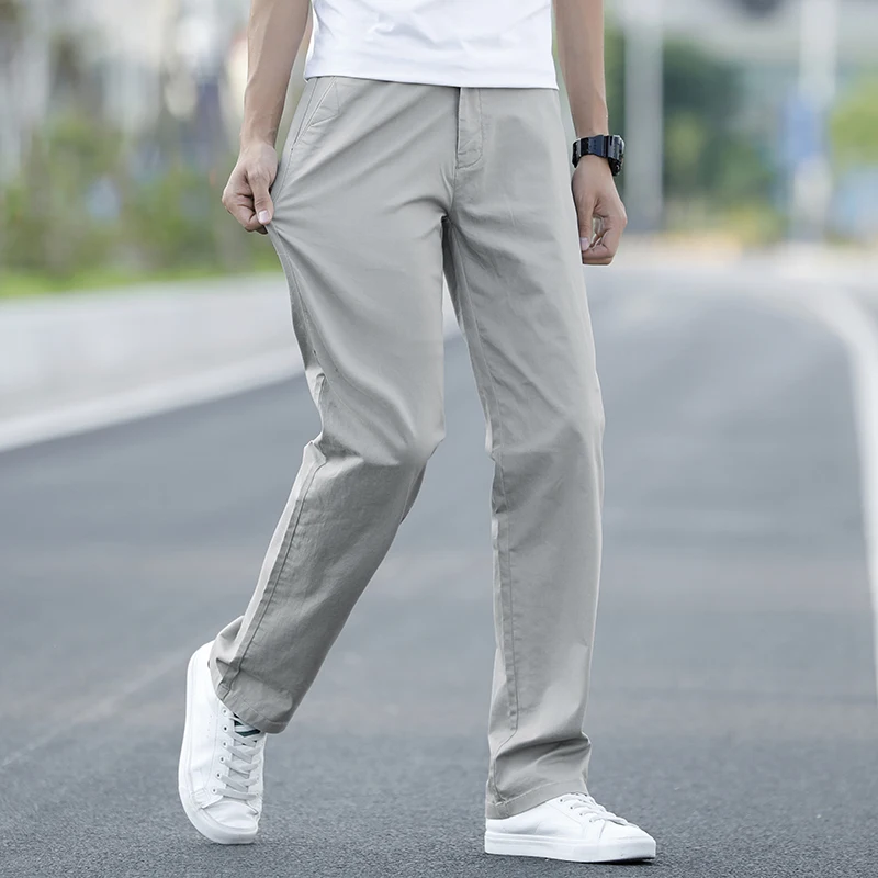 2023 Summer New Men\'s Thin Cotton Khaki Casual Pants Business Solid Color Stretch Trousers Brand Male Gray Plus Size 40 42