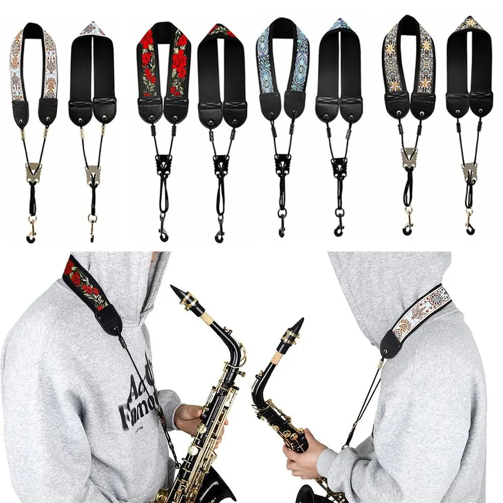 Durable Embroidered Saxophone Neck Strap Universal Saxophone Accessories Sax Neck Lanyard Adjustable Saxophone Harness