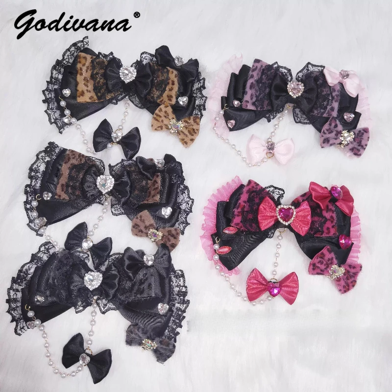 

Gyaru Style Leopard Print Bow Hair Clip Women's Vintage Heart Rhinestone Beaded Chain Hair Accessories Cos Headwear Side Clips