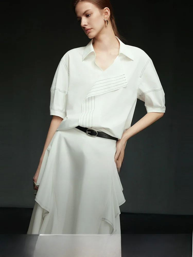 

Elegant Unique ELLE Women's Shirt Lantern Sleeve Ruffle Hem Turn-down Collar Commuter Style Casual Loose Fit Summer New Arrival