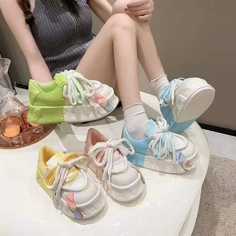 2024 Spring Summer Korean-Style Small White Shoes for Women, Gradual Change Thick-Soled Sports Casual Shoes Girls' Thick Soled