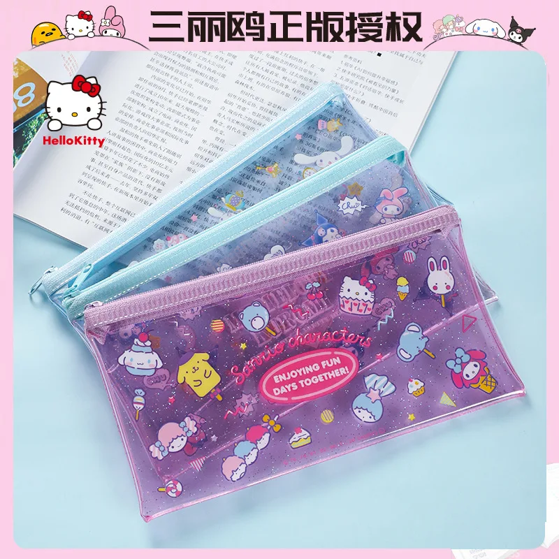 

Sanrio Hello Kitty Kuromi Anime Kawaii Pvc Storage Bag Cute Cartoon Cinnamoroll Print Transparent Chain File Bag Gifts for Kids