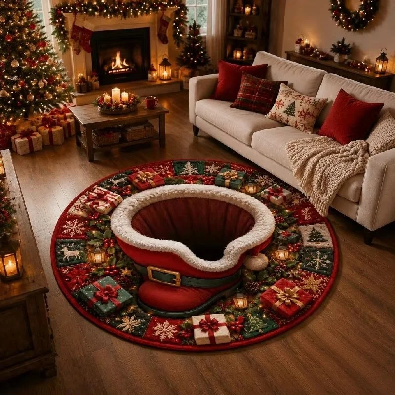 Round Christmas Area Rug Santa Claus Reindeer Gift Box Star Snowflake Print Floor Mat Holiday Living Room Decor Carpet