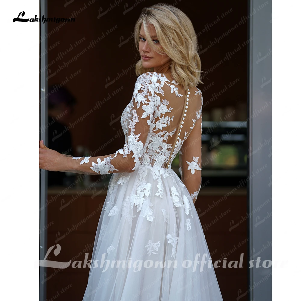 Lakshmigown Lace Wedding Dresses High Neck Long Sleeves Ivory Bride Dresses A-Line Gorgeous Dress For Women vestidos para mujer