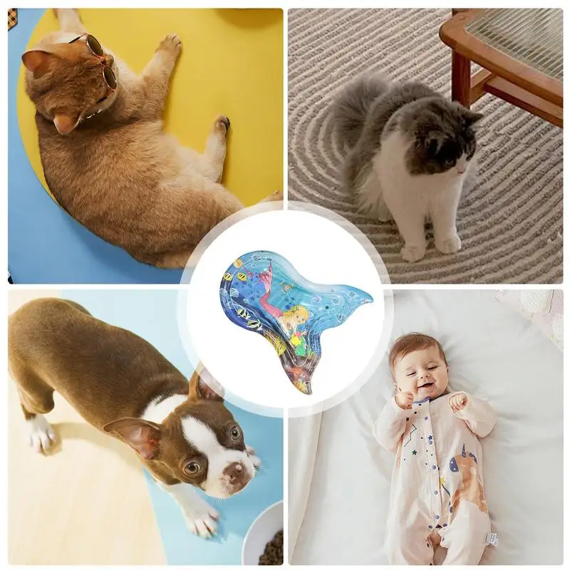 Inflatable Water Play Mat Tummy Mat Interactive Cat Toy Water Pad Early Development Fishtail Design Enhances Hand-Eye