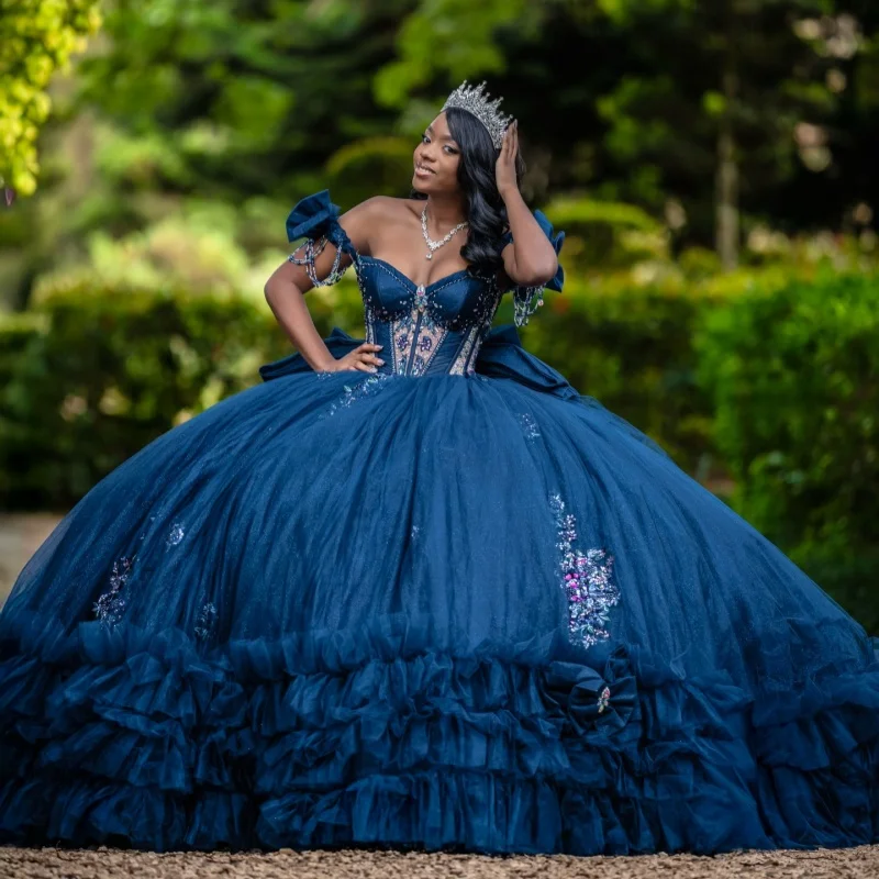 

Royal Blue Quinceanera Dresses Off the Shoulder Crystal Decal Lace Ruffles Long tail Bow Vestido De 15 Quinceanera Customize