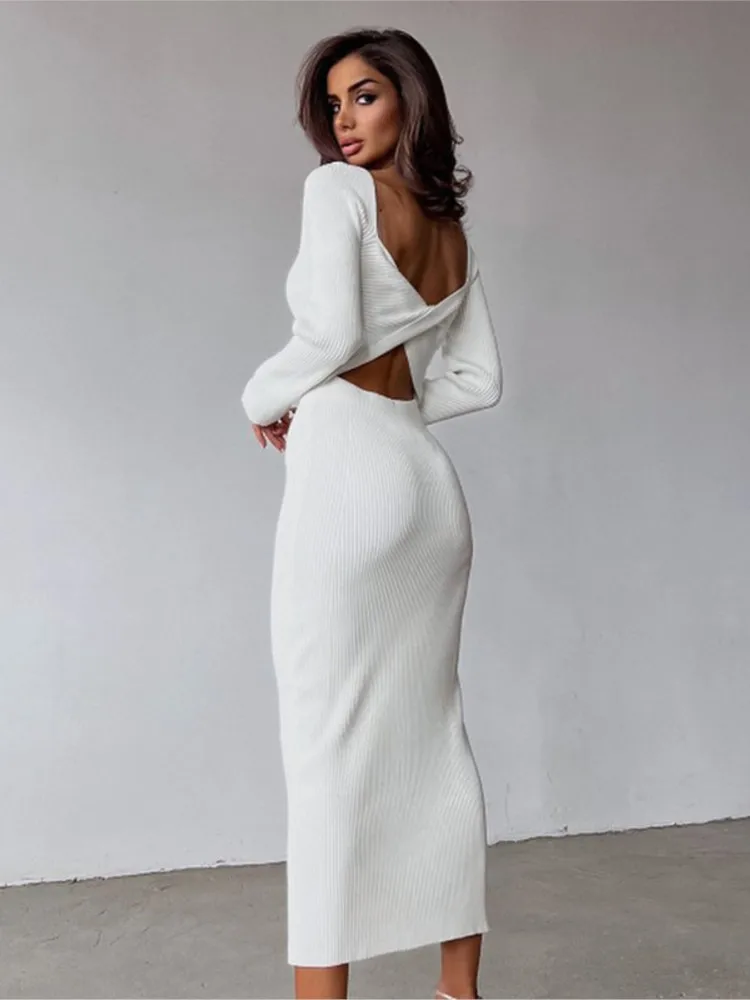 White Long-sleeved Chest Wrapped Hollow High Waist Slim Dress Clothes Knee Skirt Rib Fabric Dresses For Women Autumn Vestidos