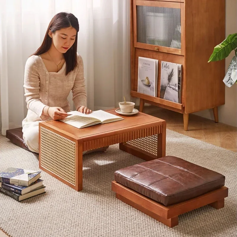 Solid Wood Rattan Coffee Table Bay Window Desk for Tatami Tea Room Balcony Tea Table MultiFunctional Study Desk for Small Space