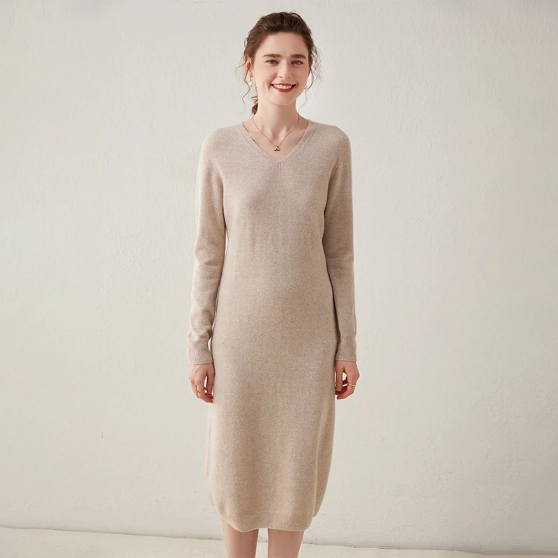 

100% Pure Cashmere Knitted Dress Women's Loose V-neck Mid-Length Over The Knee Sweater Cashmere Sweater Base Skirt Women Dress