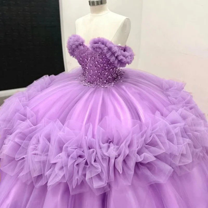 

Лавандовое платье Quinceanera с открытыми плечами, кружевное многослойное платье с кристаллами и длинным хвостом, платья de 15, Quinceanera ﻿ Настроить