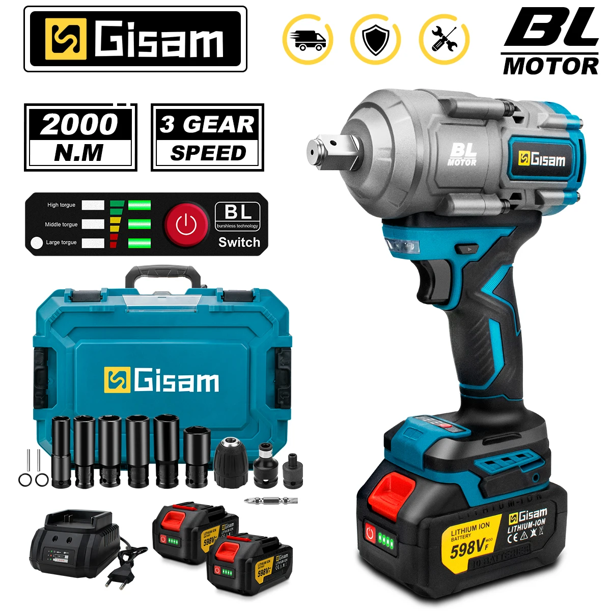 Gisam 2000N.M Torque Brushless Electric Impact Wrench 1/2 inch Screwdriver Cordless Wrench Power Tools For Makita 18V Battery