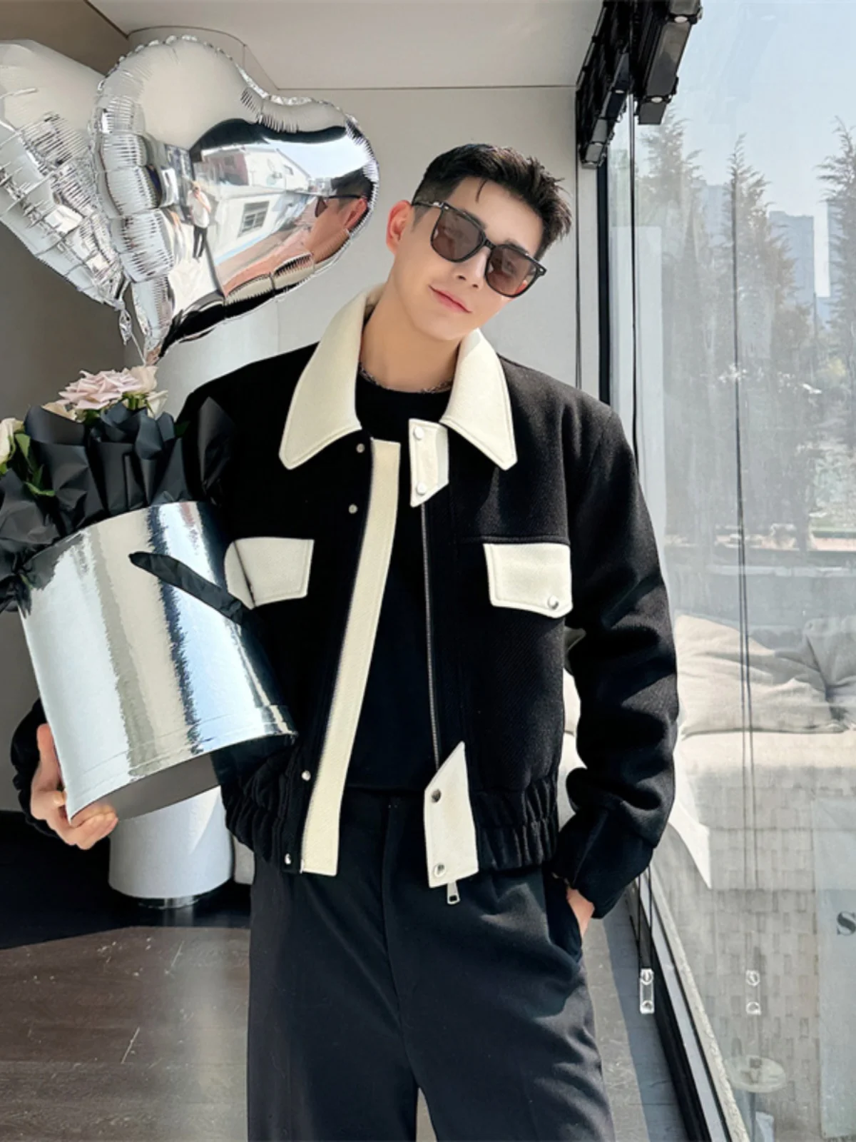 

Autumn Winter ort Woolen Jaet Men's Casual Contrast Color Design Thiened Long Sve Zipper Closure Outerwear Coat