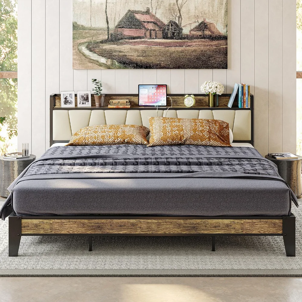 King Bed Frame, Storage Headboard with Charging Station, Solid and Stable, Noise Free, No Box Spring Needed