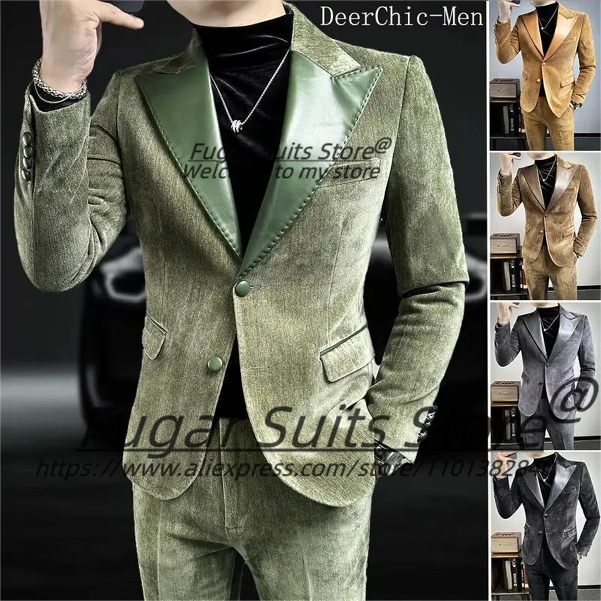 Luxuly Green Velvet Men Suits Slim Fit Peak Lapel Groom Wedding Tuxedos Party 2 Pieces Sets Elegant Male Blazers Costume Homme