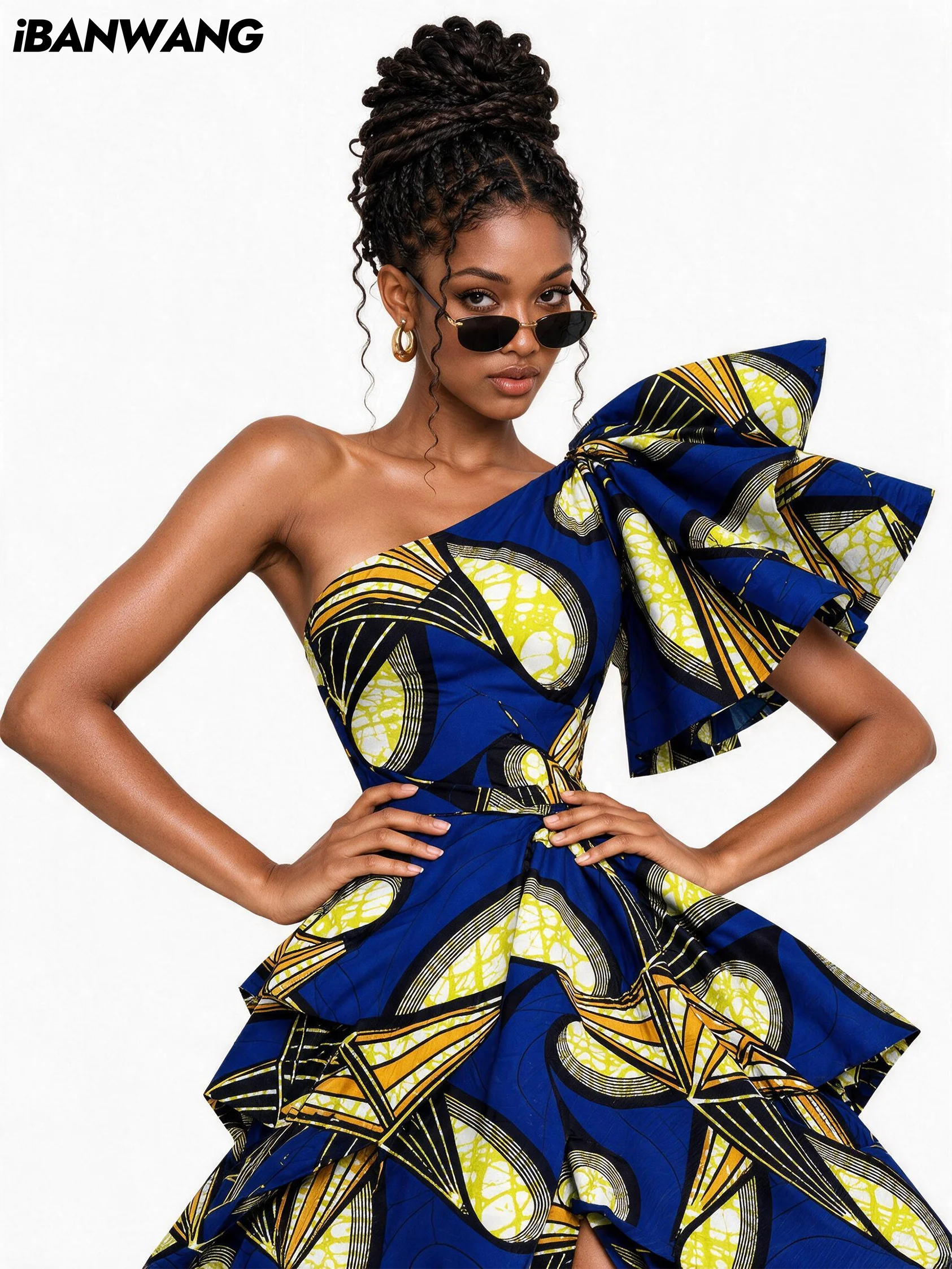 iBANWANG African Wax Print Fabric 6 Yards Blue Yellow Pinwheel Geometric Ankara for Dress Making Sewing DIY