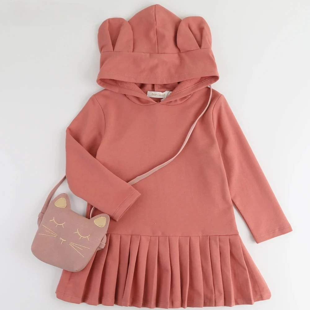 2-3 Year Old Girl Baby Rabbit Ear Wearing Hat Long Sleeved Pleated Sweatshirt Dress Autumn Promotion