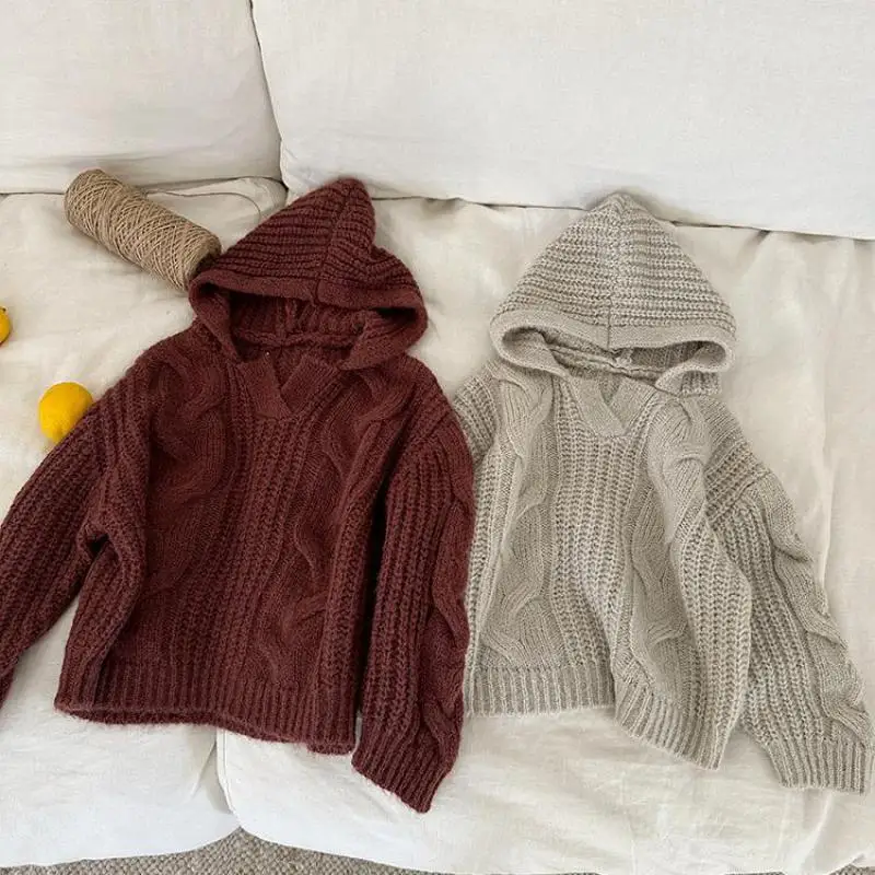 

Children Hooded Sweater 2025 Winter New Girls Long Sleeve Knitted Pullover Thicken Boys Solid Casual Hoodie Kids Warm Clothes