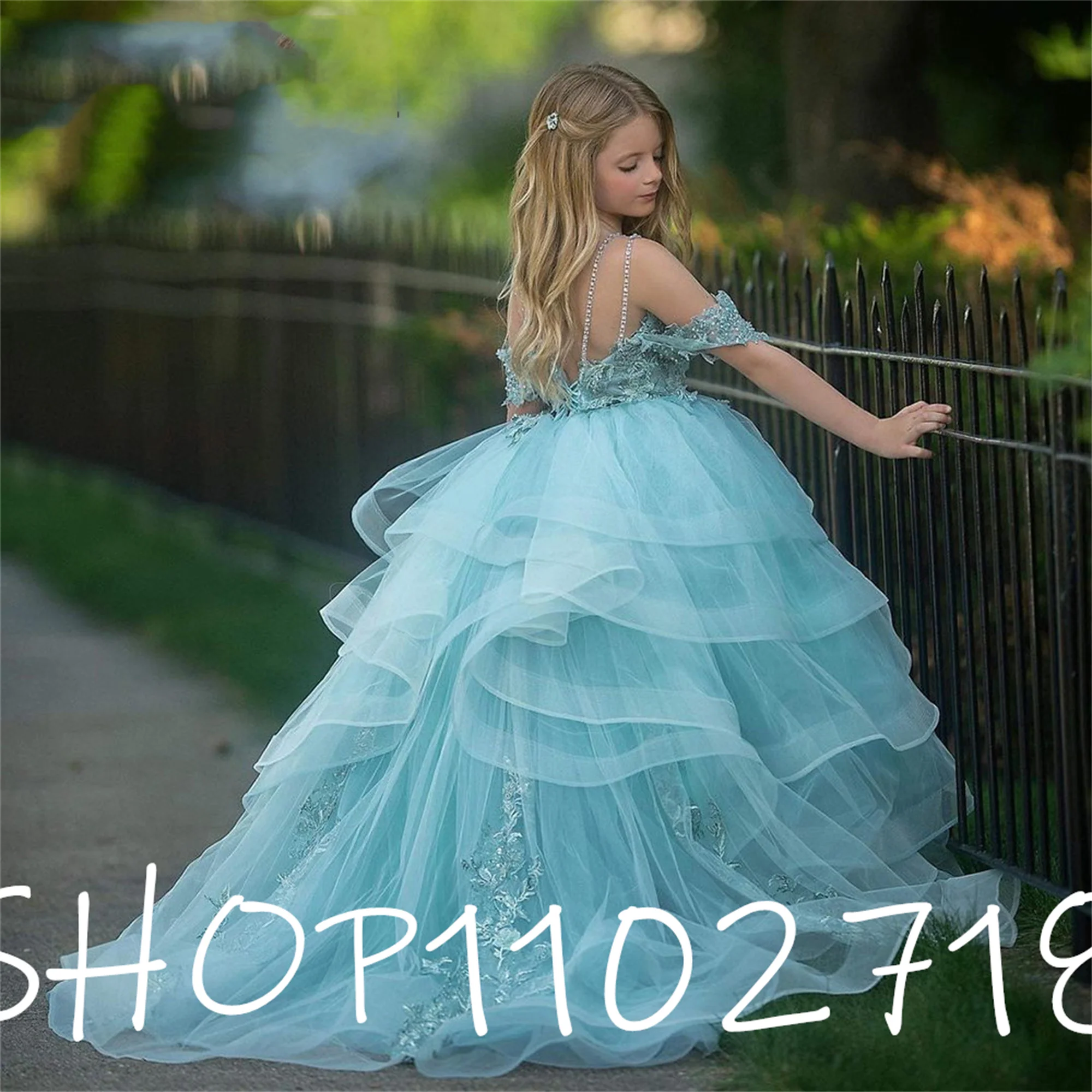 

Lace Appliques Puffy Cute Princess Tulle Layers Birthdays Dresses Baby First Communion Flower Girl Dress for Very Elegant Party