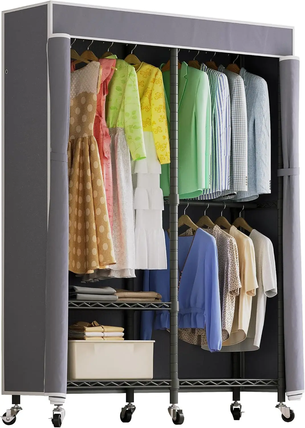 

H9 Heavy Duty Rolling Clothes Rack with Cover, Covered Garment Rack with Wheels and Shelves, Wardrobe Closet, Portable Closet