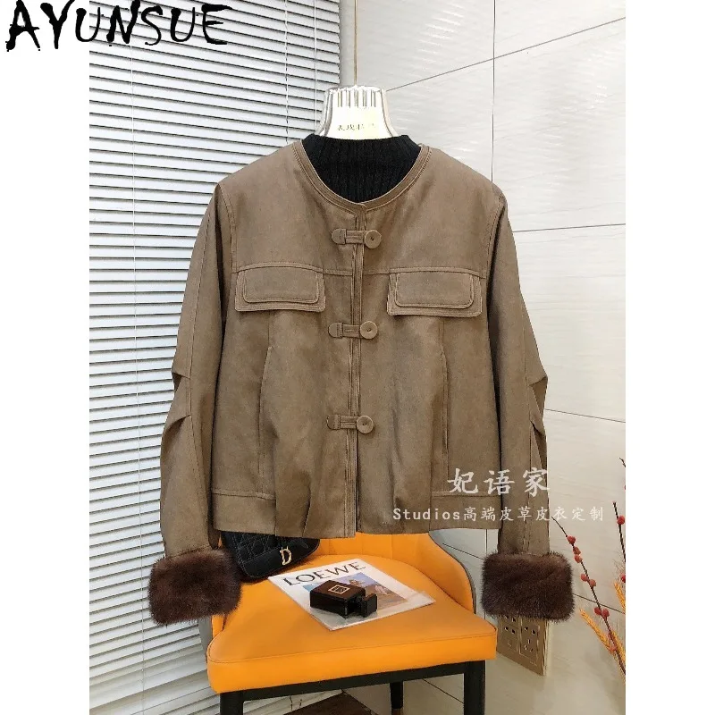 AYUNSUE Women's Goose Down Coat Winter Short O-neck Jackets for Woman Fashion Mink Fur Cuff Outerwears Woman Clothes Ropa Mujer