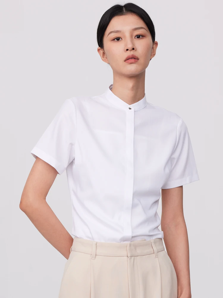 Women\'s Office Lady Short Sleeve Stand Collar Shirt Without Pocket Hidden Buttons Placket Slim-fit Slight Strech Blouse Shirts