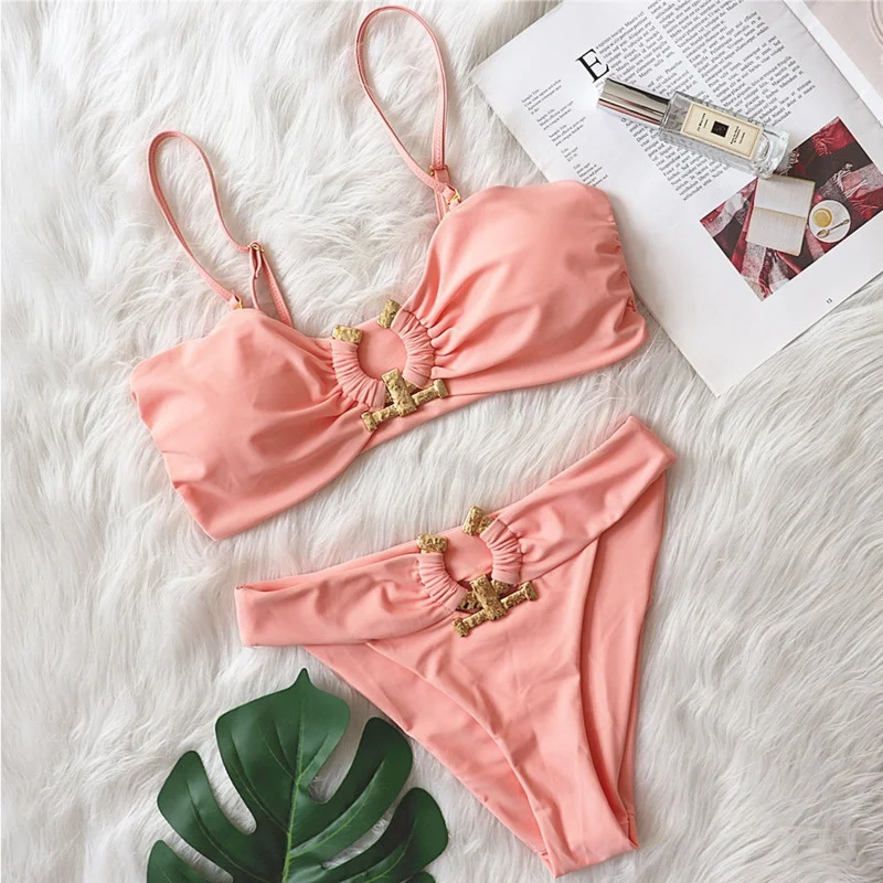 Conjunto de biquínis rosa sexy feminino, roupa de banho feminina, maiô, trajes de banho, meninas brasileiras, praia, piscina, banhista, roupa de