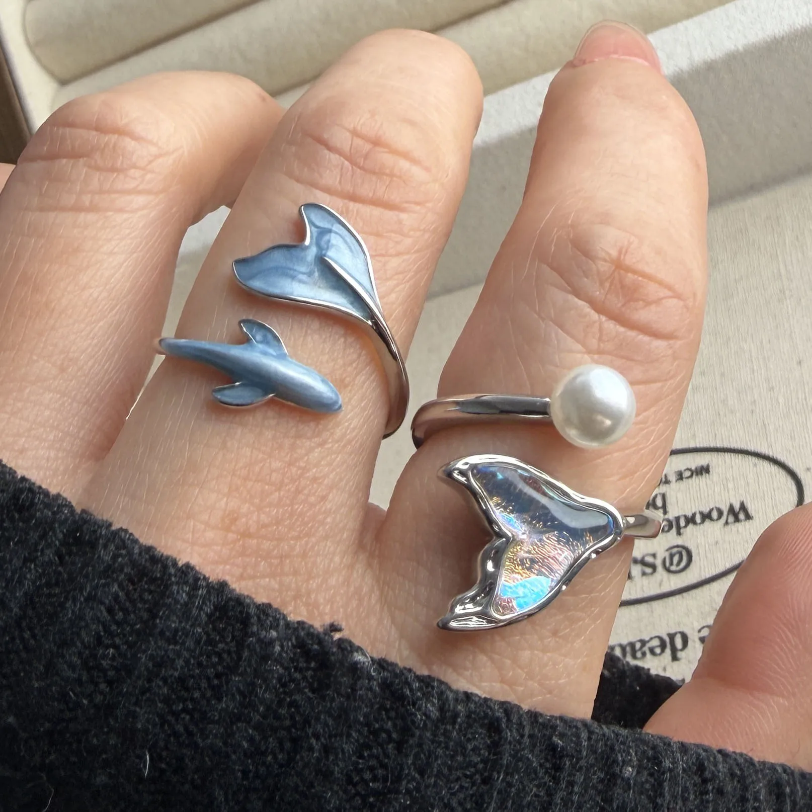 925 Sterling Silver Rings For Women Simple Vintage Handmade Adjustable Finger Whale Tail Ring Fashion Band Female Bijoux Gift