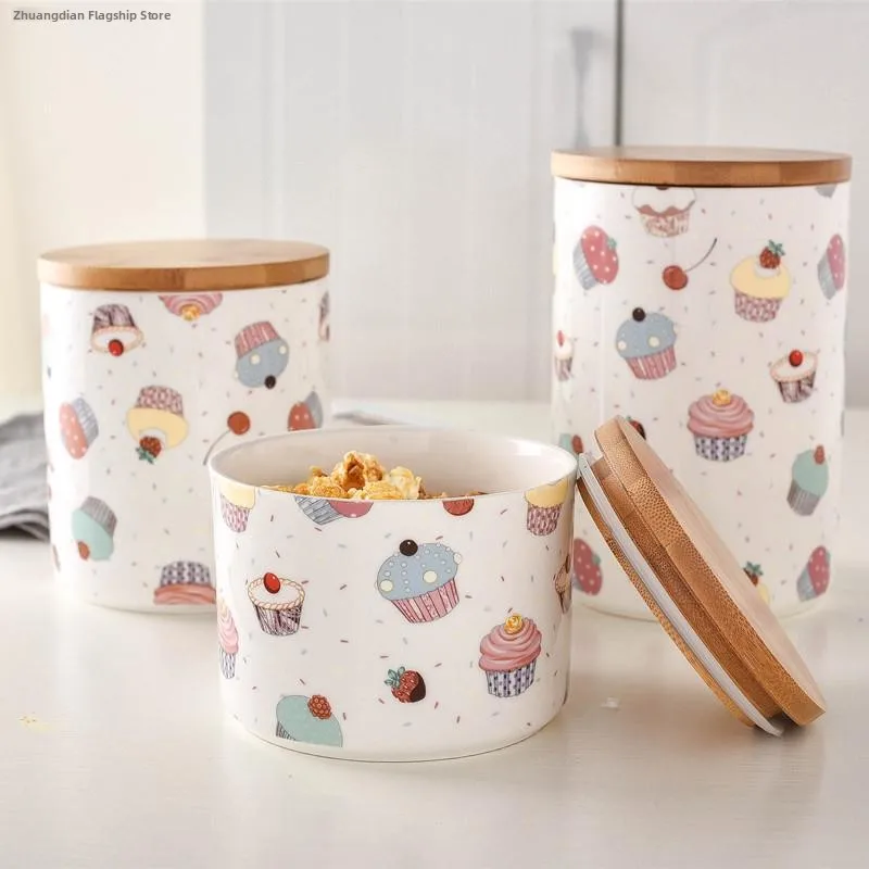 

Ceramic Sealant Jar Moisture Proof Wood Cover Tea Dry Fruit Cereal Candy Snack Kitchen Storage Organizer Bottle