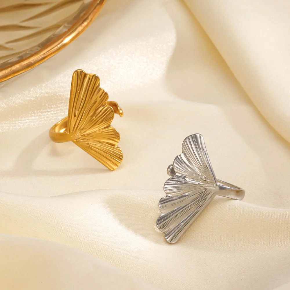 Stainless Steel Gold Color Ginkgo Leaf Open Rings for Women Adjustable Finger Rings Non-fading Jewelry Gifts Wholesale New In