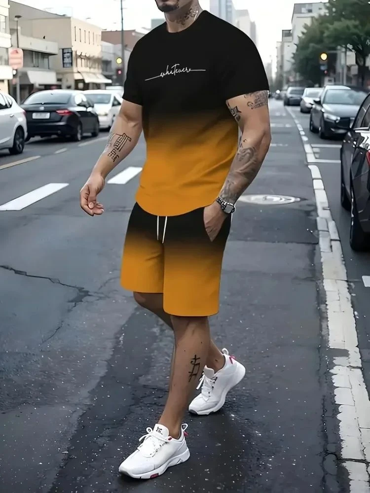 New Men's Summer Street Trendy Letter Printed Comfortable Breathable Round Neck T-shirt Shorts Set Outdoor High Street Clothing