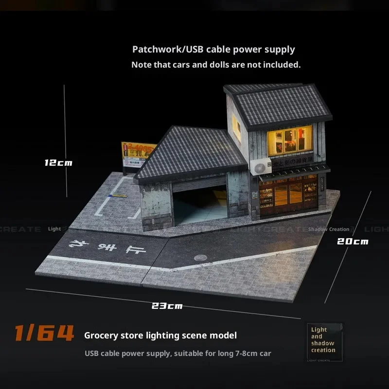 Light Create 1/64 Luminous Grocery Store Diorama With Parking Lot Usb Powered For 1/64 Diecast Model Car Decoration