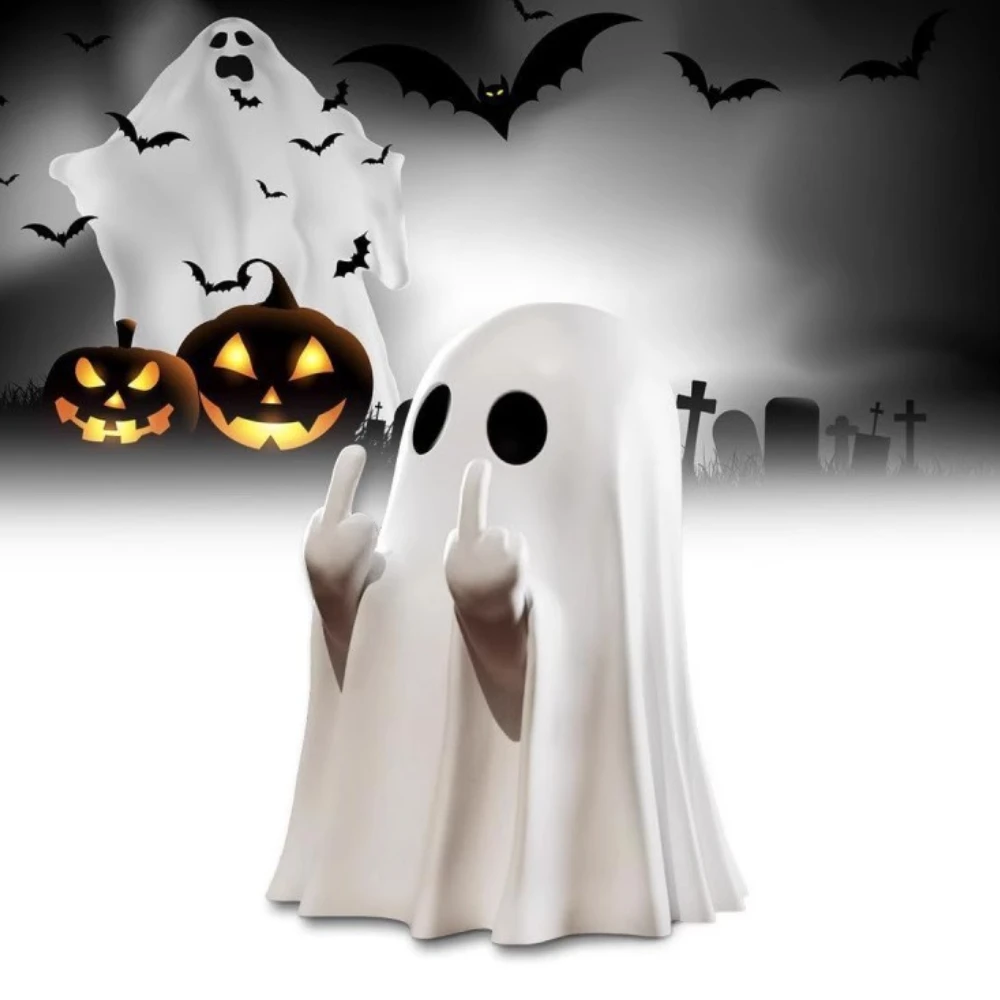 Funny Halloween Decor Cute Ghost Statue with Middle Finger Adorable Horror Figure Table Centerpiece Home Ornament Gift decor